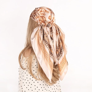 Satin silk scarf with golden baroque floral print and classic geometric border