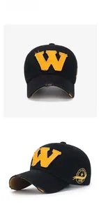 Close-up of vintage black baseball cap with yellow 'W' patch and distressed details