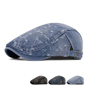 Vintage light blue denim ivy cap for men with adjustable metal buckle and grid texture