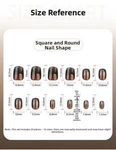 Size chart for brown cat eye press-on nails showing 12 dimensions in mm for short square shape