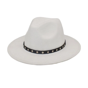 Close-up of white wool fedora hat featuring black leather band with silver metal rivets