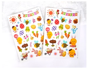 Detailed view of colorful Easter stickers featuring cartoon bunnies, eggs and chicks