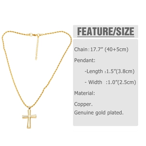 Detail showing 18k gold plated cross pendant dimensions and adjustable twist chain