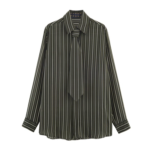 Damen Langarm Streifenbluse Mit Passender Krawatte Vertikales Muster Polyester Loose Fit Retro Button Up Hemd