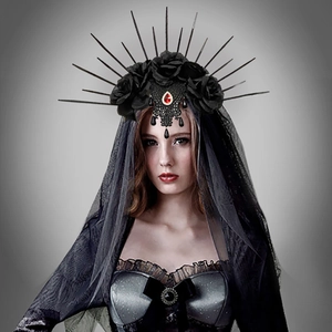 Gothic crown headband with black roses and red gems for Halloween costumes