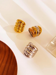 Detailed view of ribbed chunky rings in gold, silver and mixed tones on white steps