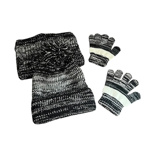 Winter knit 3-piece set for kids with pom pom beanie scarf and gloves in black grey white