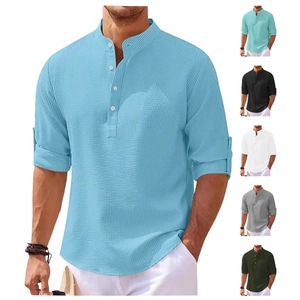 Men Waffle Knit Long Sleeve Polo Shirt Henley Stand Collar Casual Breathable Loose Fit Fashion Urban Style Top