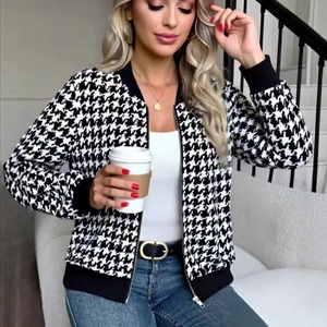 Giacca Pied De Poule Da Donna Chiusura Lampo Manica Lunga Stile Baseball Cardigan In Maglia Capispalla Casual Cappotto Chic