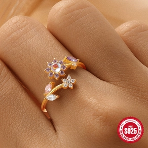 S925 sterling silver butterfly flower open ring with purple and pink gemstones