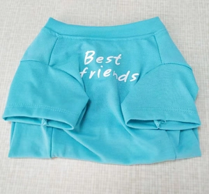 Detail of light blue cotton pet T-shirt featuring Best Friends white lettering