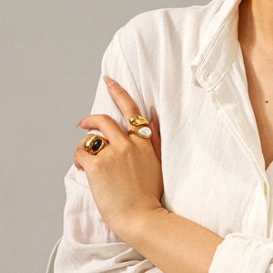 Minimalist 18k gold plated water drop rings with tiger eye and mother of pearl inlay
