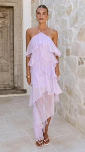 Detail of lavender halter ruffle dress with layered chiffon and irregular hemline