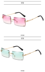 Detailed 45-degree side view of rimless square sunglasses in pink and green gradient lenses
