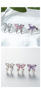 Détails de boucles d'oreilles papillon en zircon blanc, rose et violet élégants