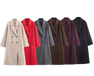 Detail view of multi-color casual lapel wool coats featuring a double-breasted design