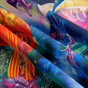 Macro detail of the psychedelic mushroom tapestry showing high-quality digital print fabric
