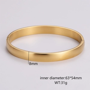 Detail showing 8mm gold brushed finish bangle dimensions with 63x54mm inner diameter
