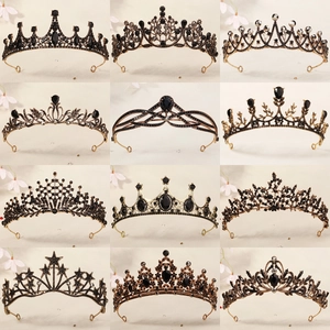 Baroque Tiara Alloy Black Rhinestone Gothic Crown For Halloween Party Wedding Prom Vintage Headpiece Women