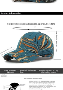 Size chart for graffiti baseball cap with adjustable strap and polyester material details