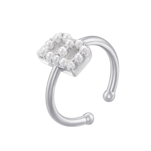 Detailed close-up of a silver open ring featuring a pearl-encrusted letter D design