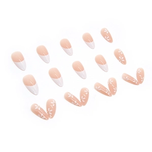 Almond shaped press-on nails with pink base, white French tips and small floral patterns