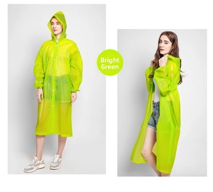 Detail of lime green EVA raincoat featuring a hood and white snap button closure