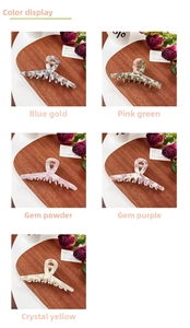 Detail view of large acetate claw clips in five marble patterns and elegant colors