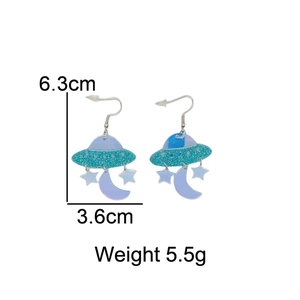 Acrylic UFO earrings with glittery galaxy finish featuring moon and star drops
