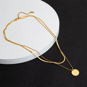 Double-layered 18k gold plated necklace with snake chain and engraved round pendant