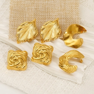 Golden titanium steel earring set featuring leaf shapes and textured C-shape designs