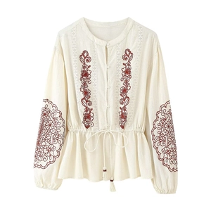 Women Blouse Polyester Ethnic Floral Embroidery Lace Trim Lantern Sleeve Drawstring Waist Round Neck Vacation Top