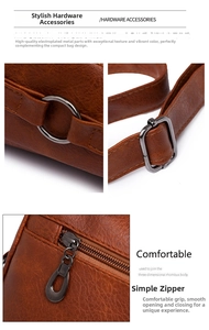 Detail of gunmetal hardware, adjustable buckle, and pear-shaped zipper on brown bag