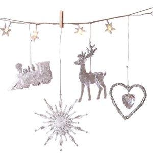 Clear acrylic snowflake and reindeer Christmas tree ornaments with warm white LED lights