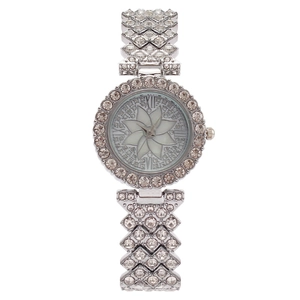 Elegant silver women's quartz watch featuring floral dial and sparkling rhinestone accents