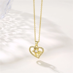 Gold heart pendant necklace with LOVE letters and star, featuring zircon stones on chain