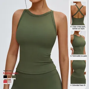 Olive green cross-back yoga bra with ribbed texture and multiple color options