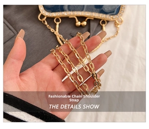 Detail of gold metal chain strap on a blue denim bag with sparkly rhinestone trim