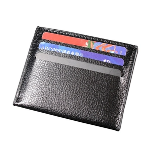 Slim black lychee pattern leather card holder with three functional card slots