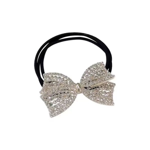Sparkling silver butterfly hair tie with rhinestones and black elastic band for women