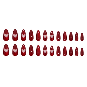 Almond burgundy cat-eye press-on nails with hollow heart design 24pcs set