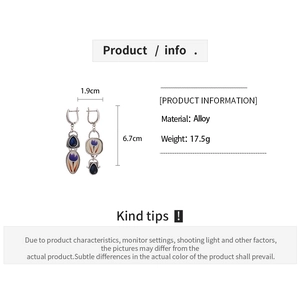 Détails de boucles d'oreilles argentées asymétriques avec pierres bleues, 6,7 cm de long