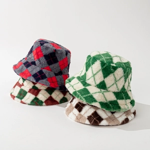 Chapeau Bob En Peluche À Carreaux Fausse Fourrure Épais Chaud Hiver Extérieur Mode Doux Accessoire Décontracté