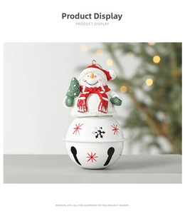 Detail of Christmas snowman bell ornament with red star patterns on a festive tree