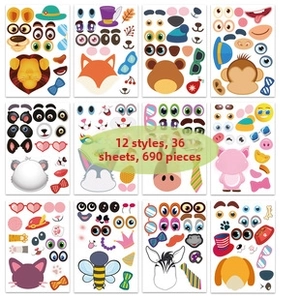 Set of 36 sheets with 12 animal face DIY sticker styles and 690 decorative pieces