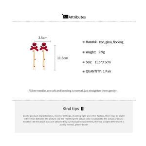 Detail showing dimensions of red flocking rose earrings with velvet bow and crystal tassels