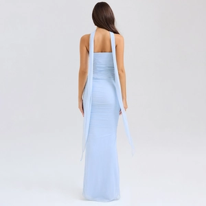 Detail of light blue strapless floor-length dress with a sheer tulle scarf at the back