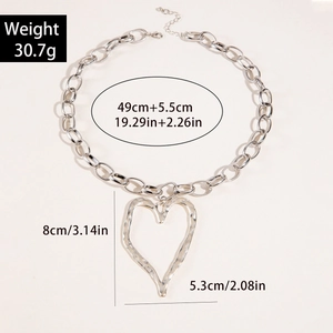 Detailed view of large silver heart pendant necklace with chain length and weight specs
