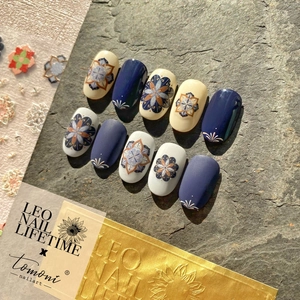 Bohemian blue and white mandala style press-on nails with matte finish and gold details