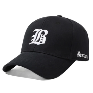 Black cotton baseball cap with gothic letter B embroidery shown from a 45-degree angle